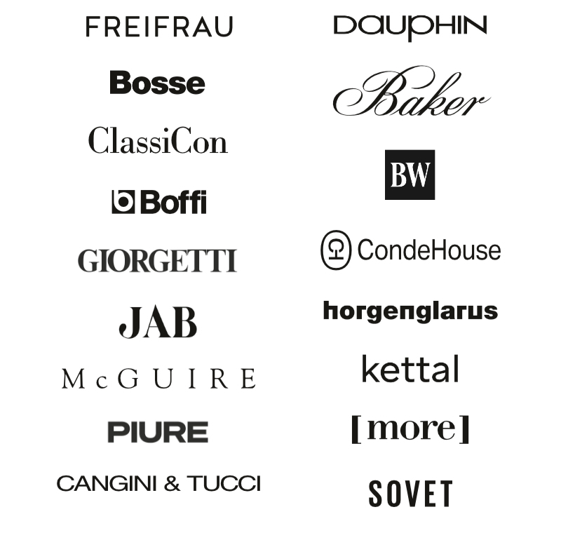 Logos nationaler und internationaler Hersteller von Möbeln, Lampen, Stoffen und Teppichen